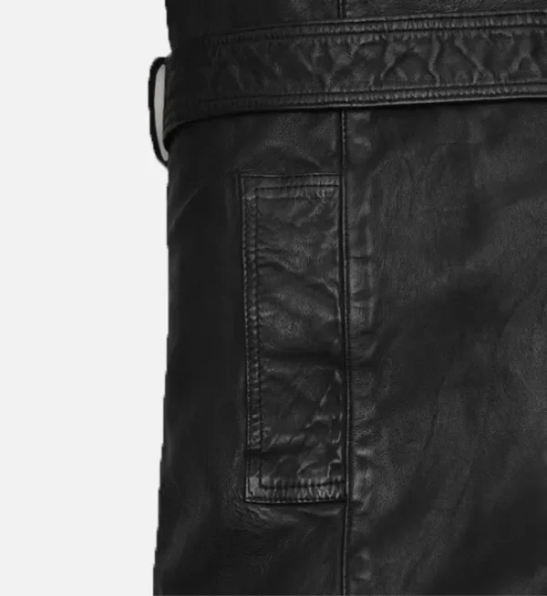 Asymmetrical black leather long coat