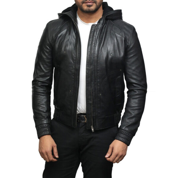 Men Black Bomber Lambskin Leather Hooded Jacket
