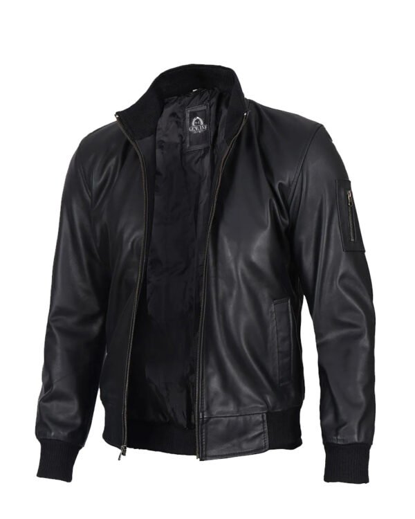 Men Black Leather Bomber Jacket