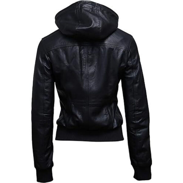 Womens Black leather bomber jacket with hood