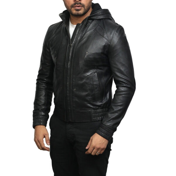 Men Black Bomber Lambskin Leather Hooded Jacket