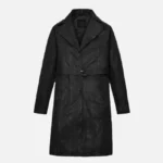 Womens Black Leather Long Coat with Asymmetrical Design