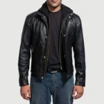 Men Black Hooded Leather Jacket