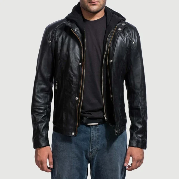 Men Black Hooded Leather Jacket
