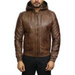 Men Brown Leather Hooded Pilot Jacket