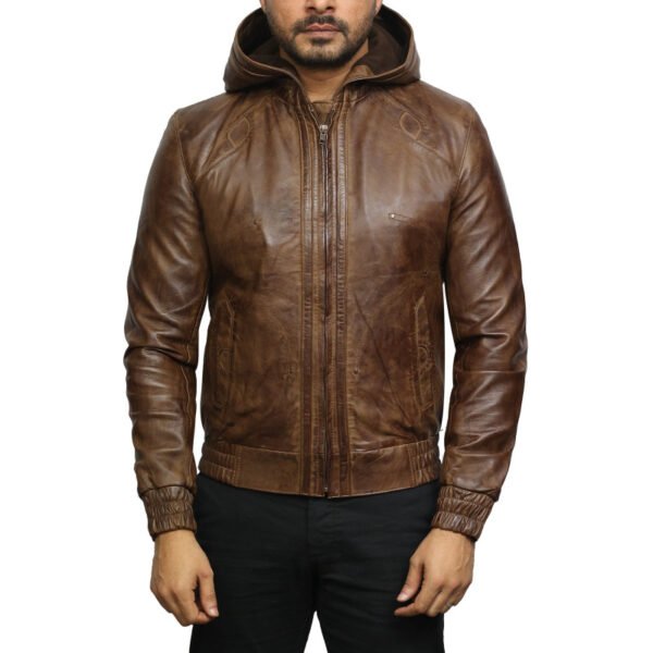 Men Brown Leather Hooded Pilot Jacket