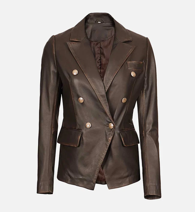 Womens Vintage Rub Off Brown Leather Blazer