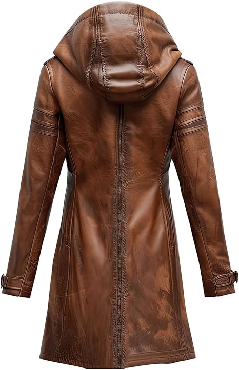 Vintage Brown Sheepskin Leather Duster Coat with Hood for Men