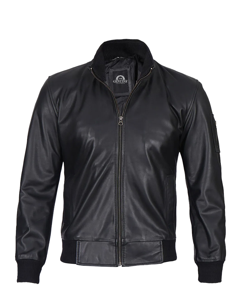 Men Black Leather Bomber Jacket