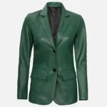 Stylish Two Button Green Leather Blazer for Women