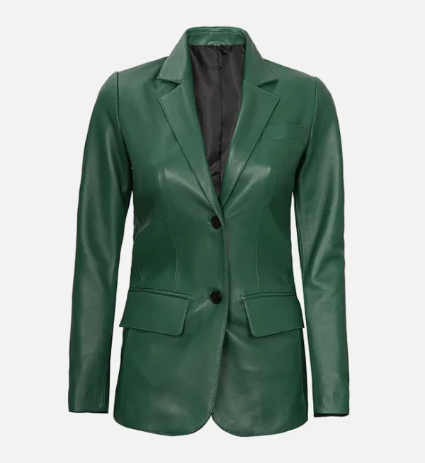 Stylish Two Button Green Leather Blazer for Women