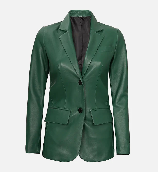 Stylish Two Button Green Leather Blazer for Women