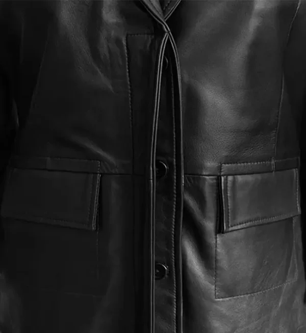 Classic black leather long coat women