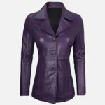 Womens Real Leather Purple Blazer With Three Button