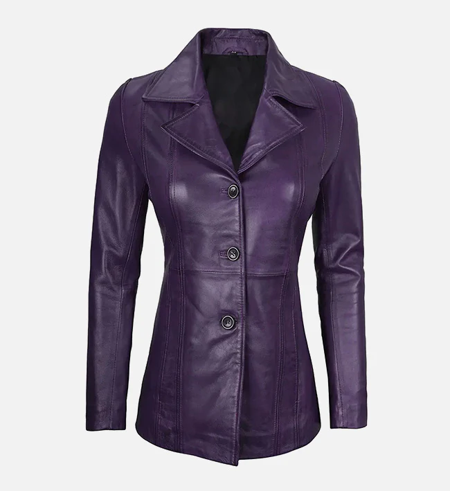 Womens Real Leather Purple Blazer With Three Button