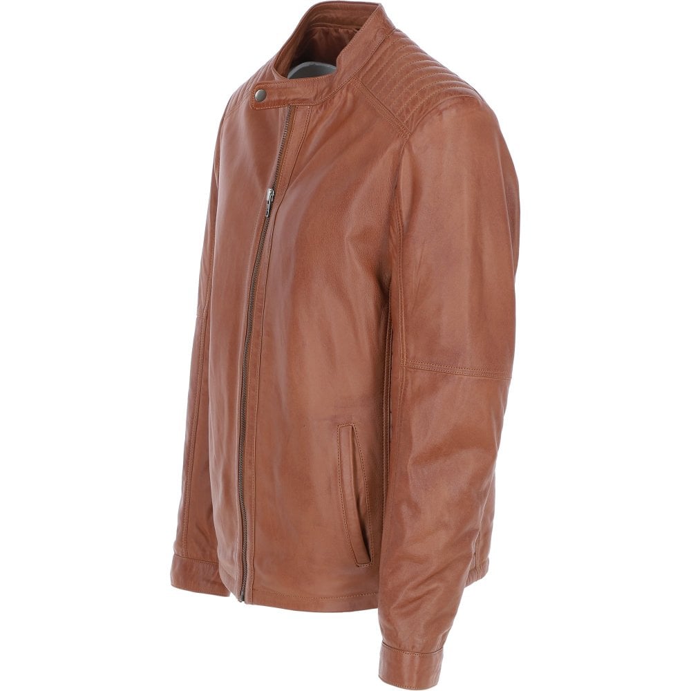 Classic Tan Leather Biker Jacket with Mandarin Collar