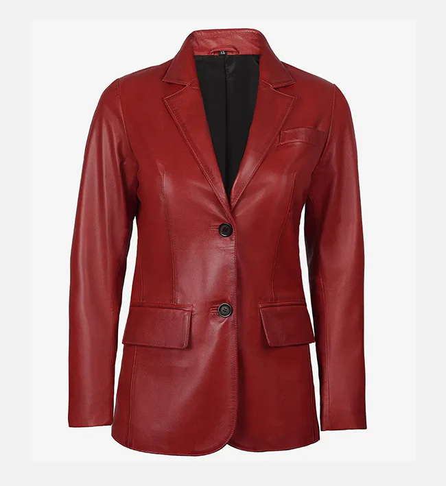 Two Button Red Leather Blazer For Women