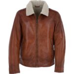 Mens Cognac Leather Jacket with Teddy Lining