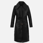 Stylish Black Leather Long Coat with Belt for Women