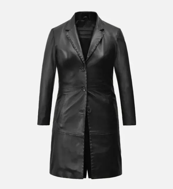 Stylish Long Black Leather Coat for Women