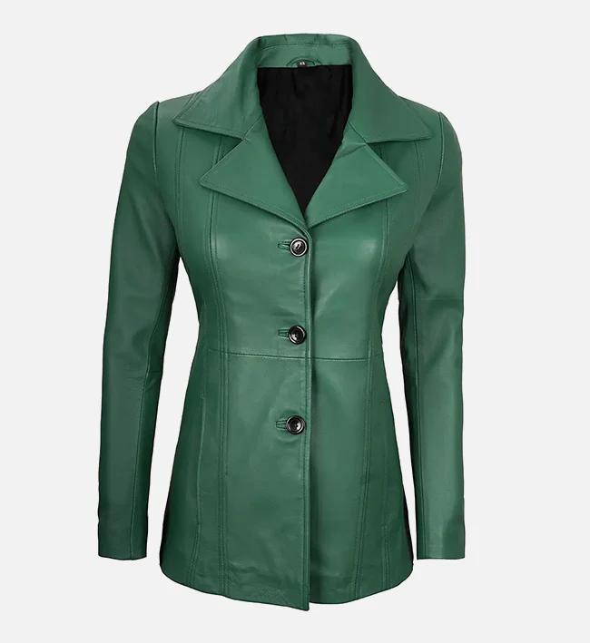 Green Leather Blazer with Three Button For Women