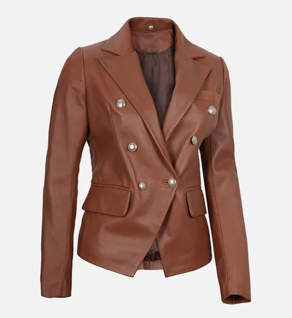 Fitted brown leather blazer women