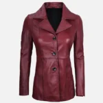 Maroon Leather Blazer with Three Button For Women