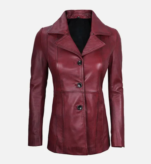 Maroon Leather Blazer with Three Button For Women