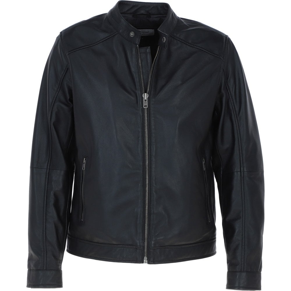 Mens Studded Collar Leather Biker Jacket in Black