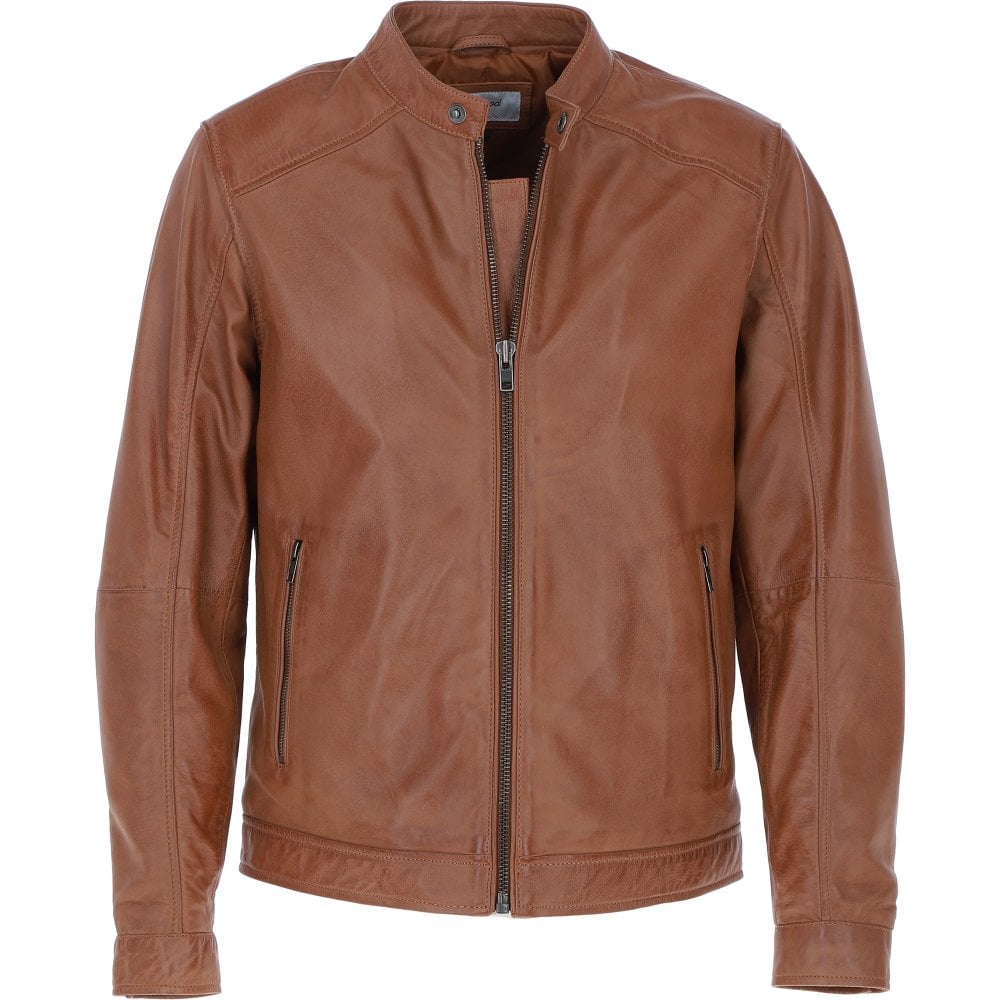 Mens Studded Collar Leather Biker Jacket in Tan