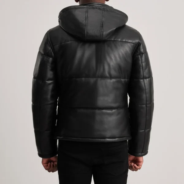 Men Gordon Black Hooded Leather Puffer Jacket