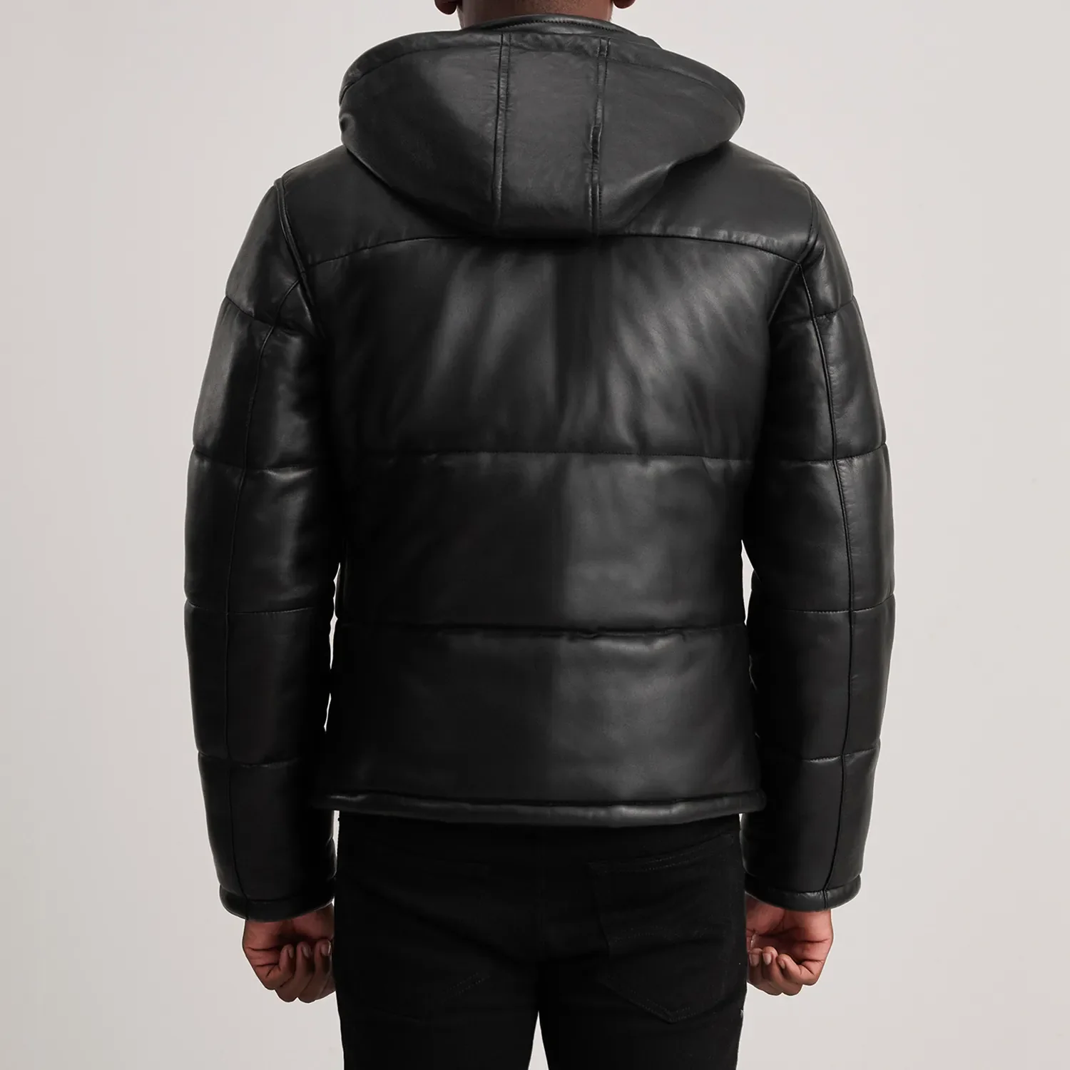 Men Gordon Black Hooded Leather Puffer Jacket