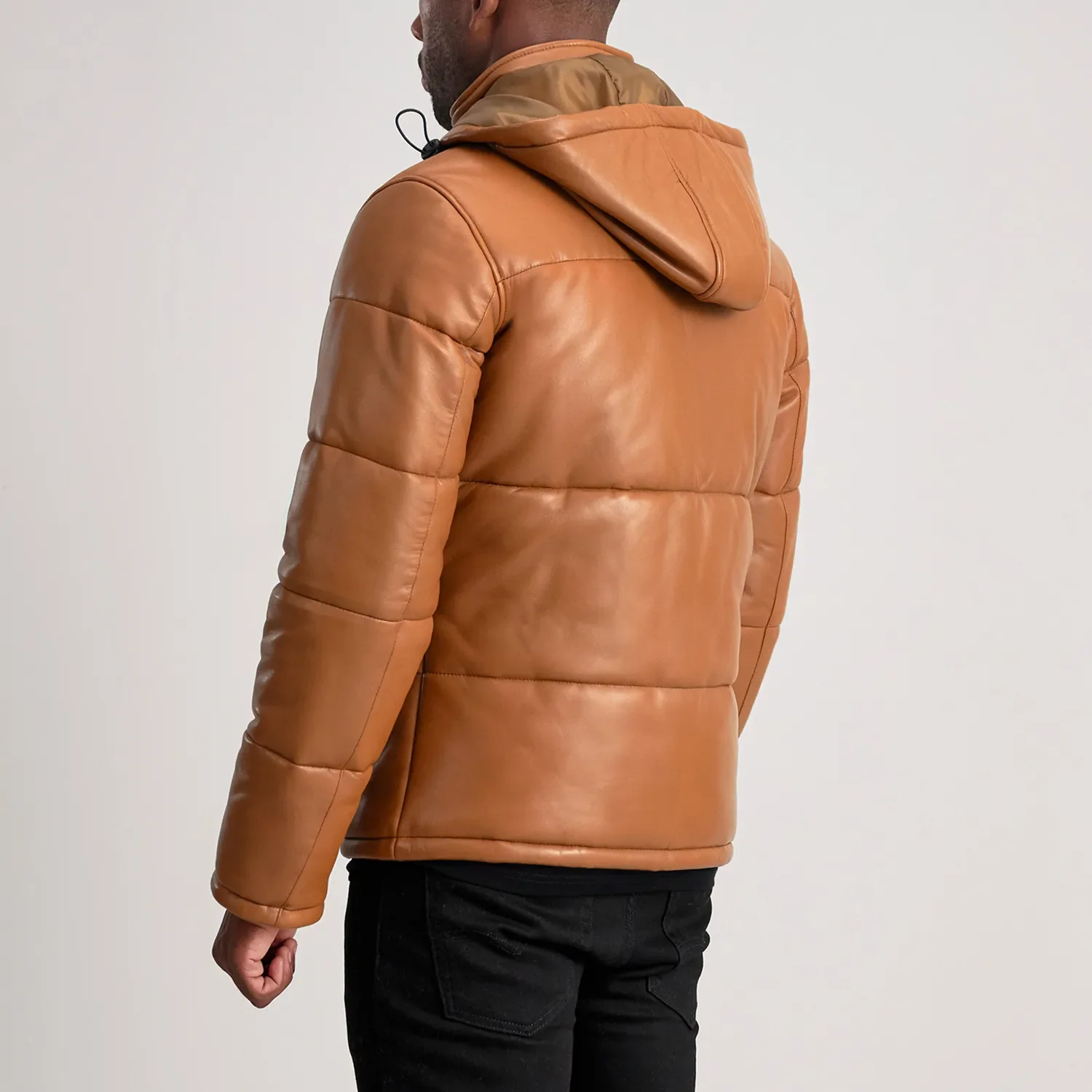 Men Gordon Tan Hooded Leather Puffer Jacket