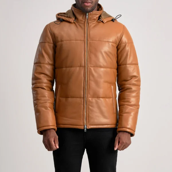 Men Gordon Tan Hooded Leather Puffer Jacket