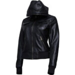Womens Black leather bomber jacket with hood