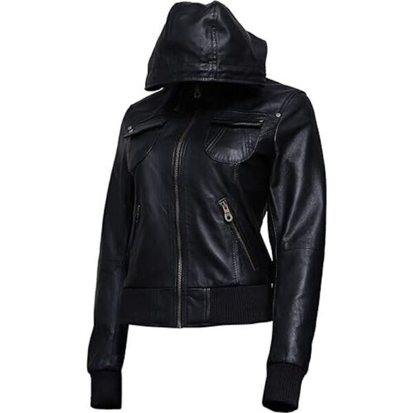Womens Black leather bomber jacket with hood