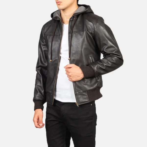 Men Nintenzo Brown Hooded Leather Bomber Jacket