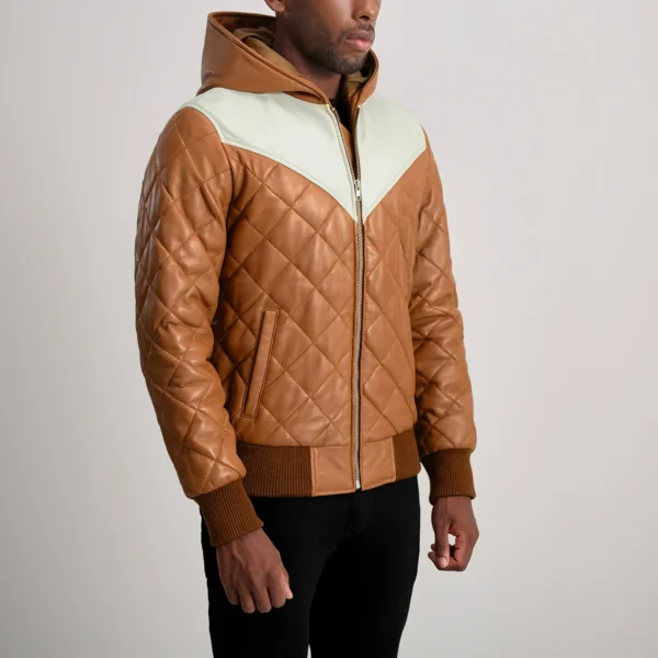 Men Tan Hooded Bomber Leather Puffer Jacket