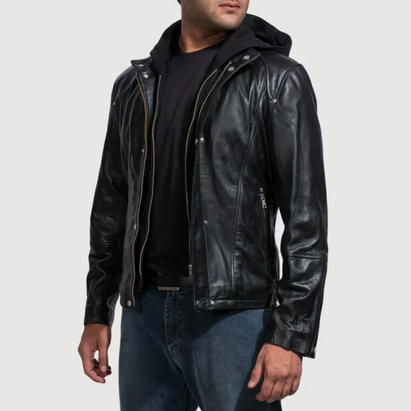 Men Black Hooded Leather Jacket