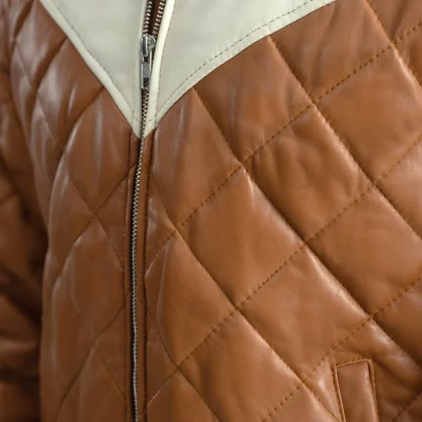 Men Tan Hooded Bomber Leather Puffer Jacket