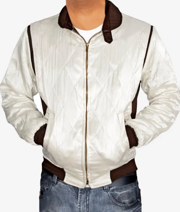 Men White Scorpion Satin Quilted Bomber Jacket