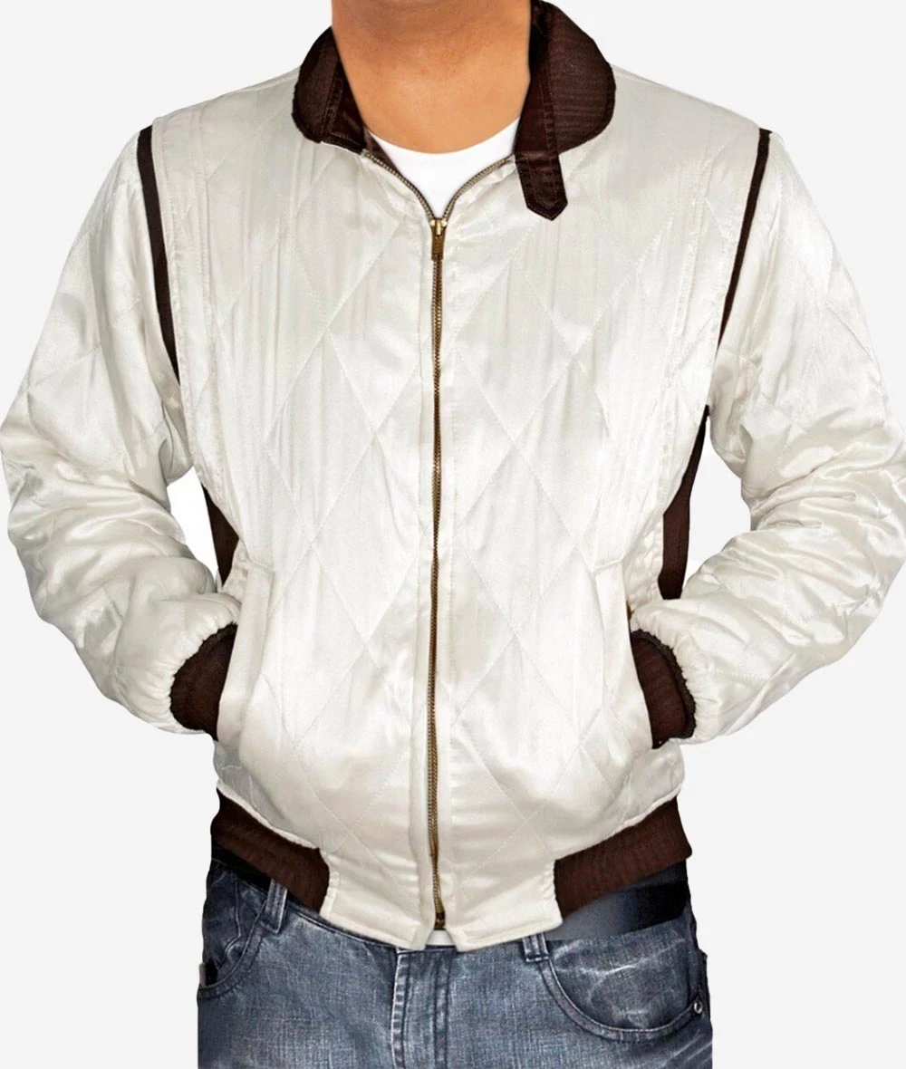 Men White Scorpion Satin Quilted Bomber Jacket