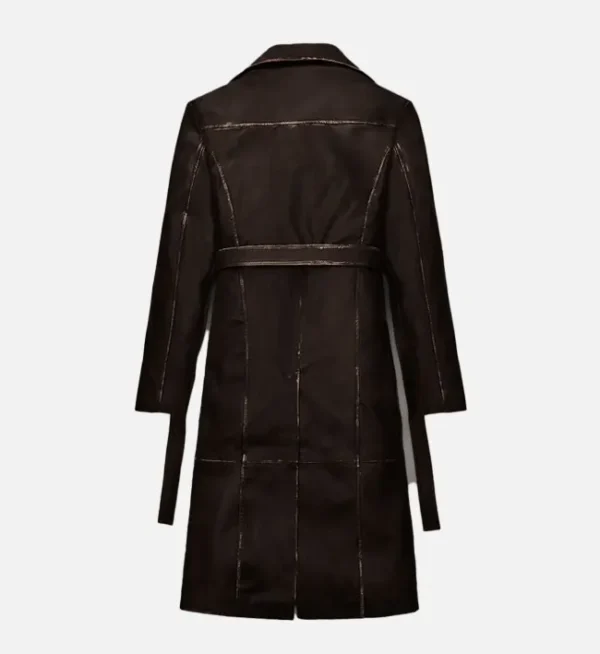 Womens Long Rubbed Dark Brown Leather Coat