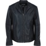 Classic Black Leather Biker Jacket with Mandarin Collar