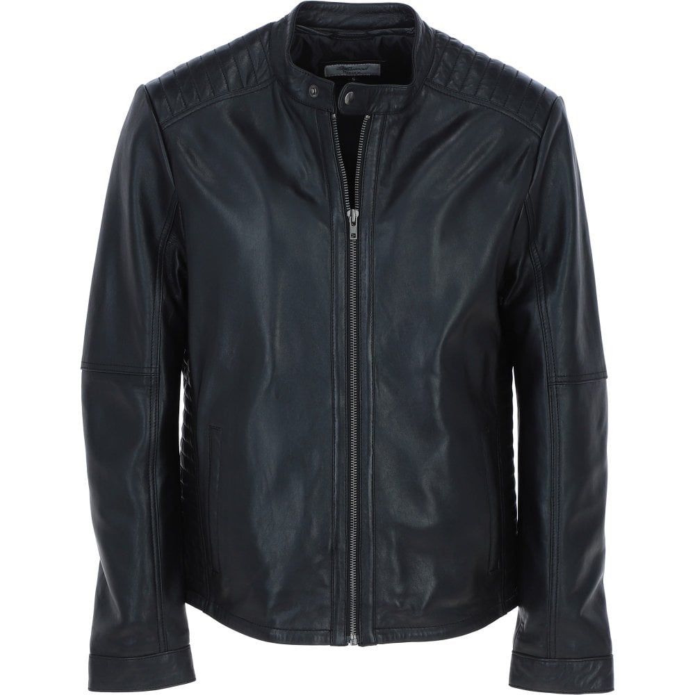 Classic Black Leather Biker Jacket with Mandarin Collar