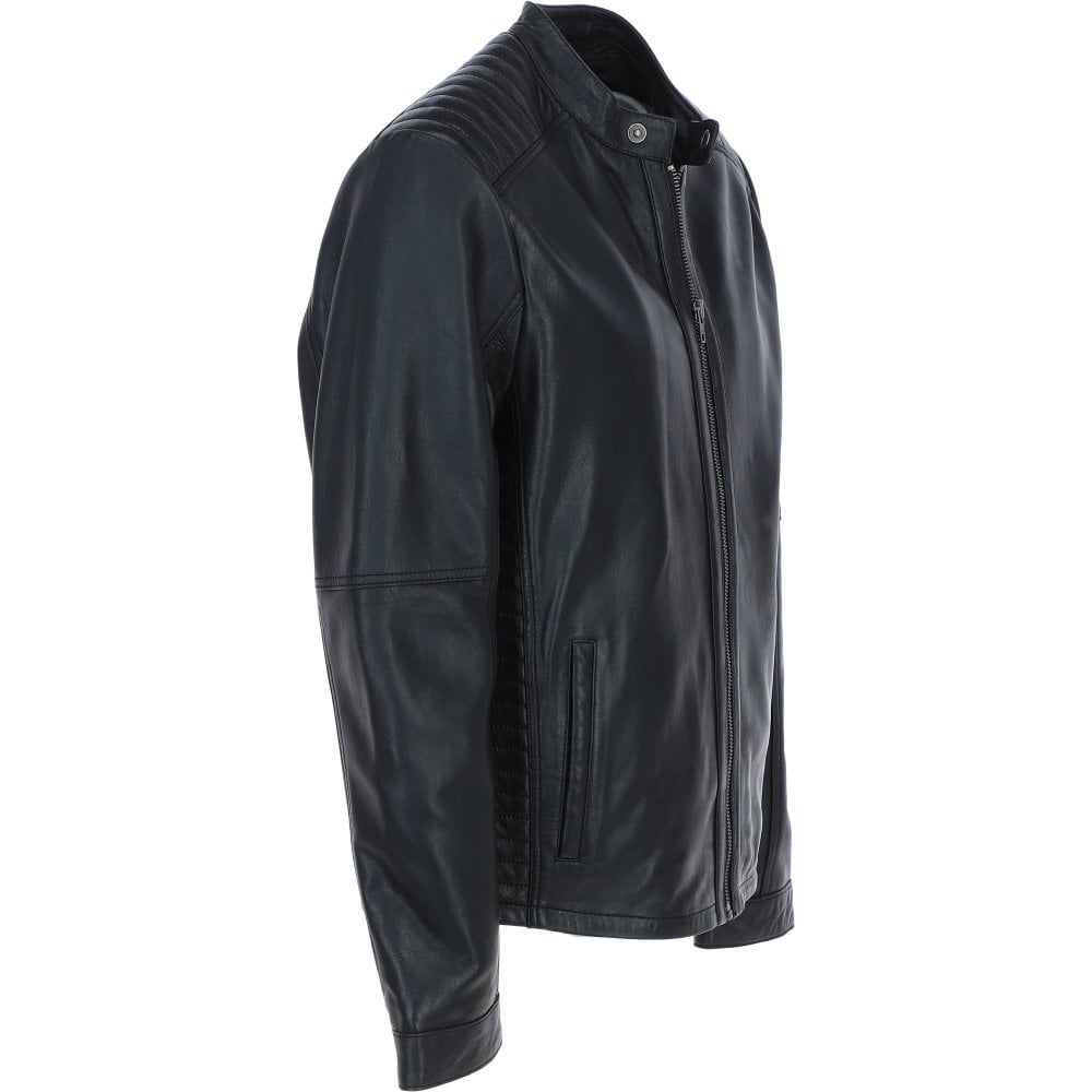 Classic Black Leather Biker Jacket with Mandarin Collar