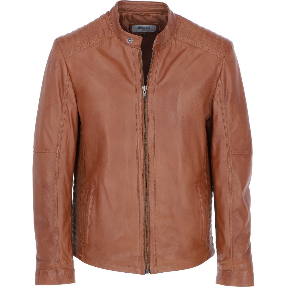 Classic Tan Leather Biker Jacket with Mandarin Collar