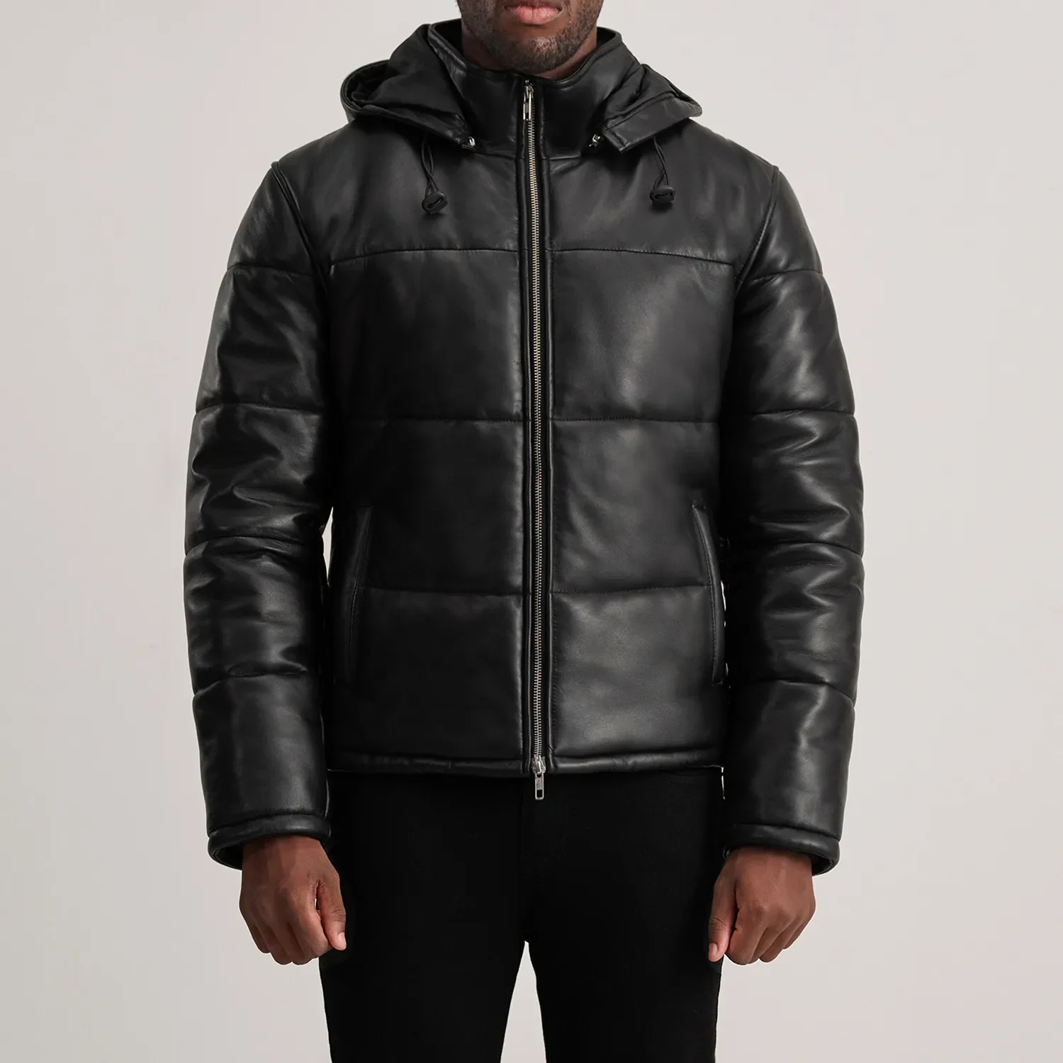 Men Gordon Black Hooded Leather Puffer Jacket