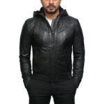 Men Black Bomber Lambskin Leather Hooded Jacket