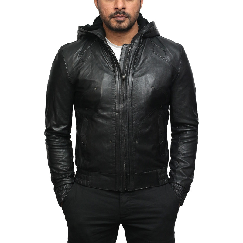 Men Black Bomber Lambskin Leather Hooded Jacket